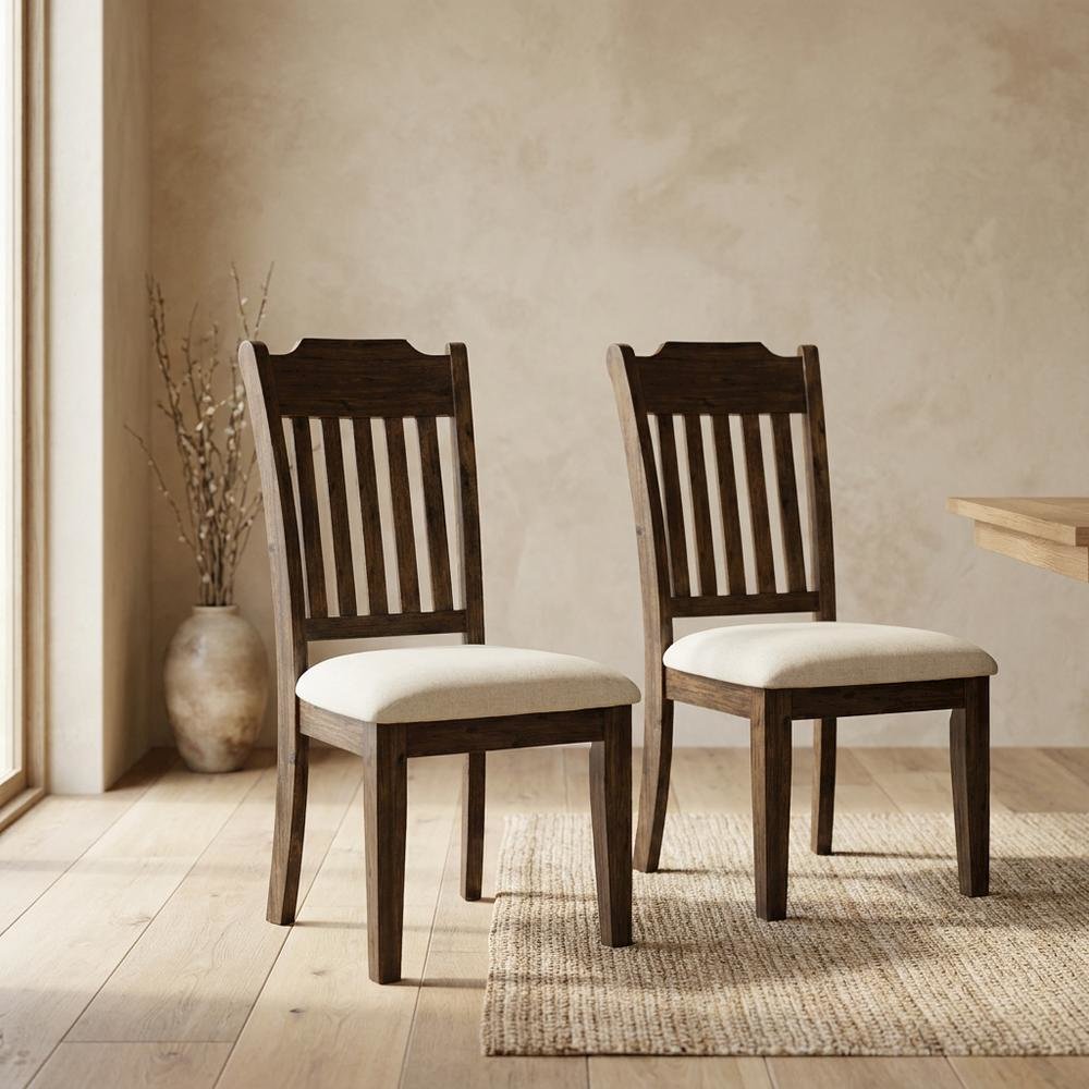 Mission-Style Slat-Back Solid Acacia Wood Farmhouse Dining Chair, Wire Brush, Set of 2