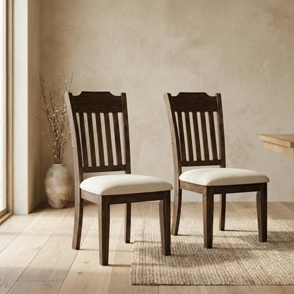 Mission-Style Slat-Back Solid Acacia Wood Farmhouse Dining Chair, Wire Brush, Set of 2