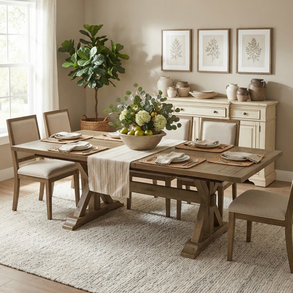 Solid Pine Extendable Dining Table with Distressed Farmhouse, Distressed Brown