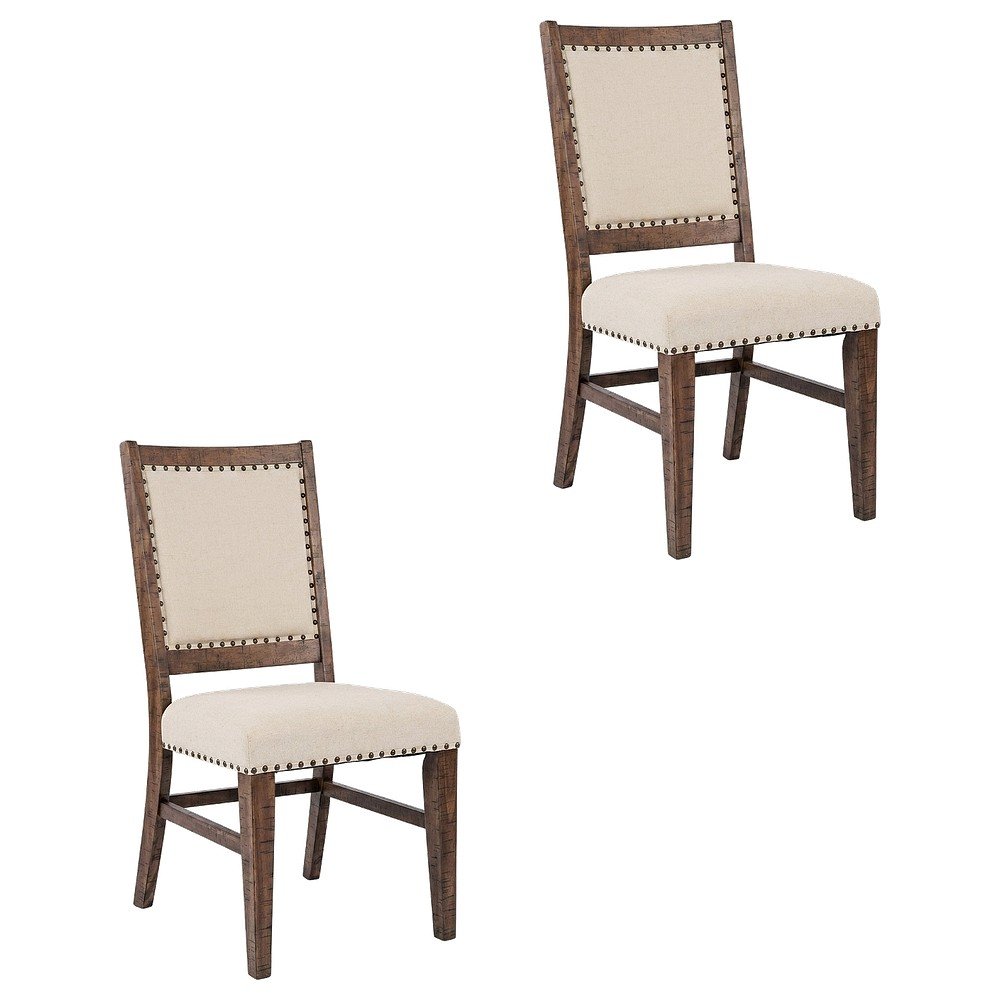 Acacia Veneer Cotton-Linen Upholstered Accent Chairs, Oak, Set of 2