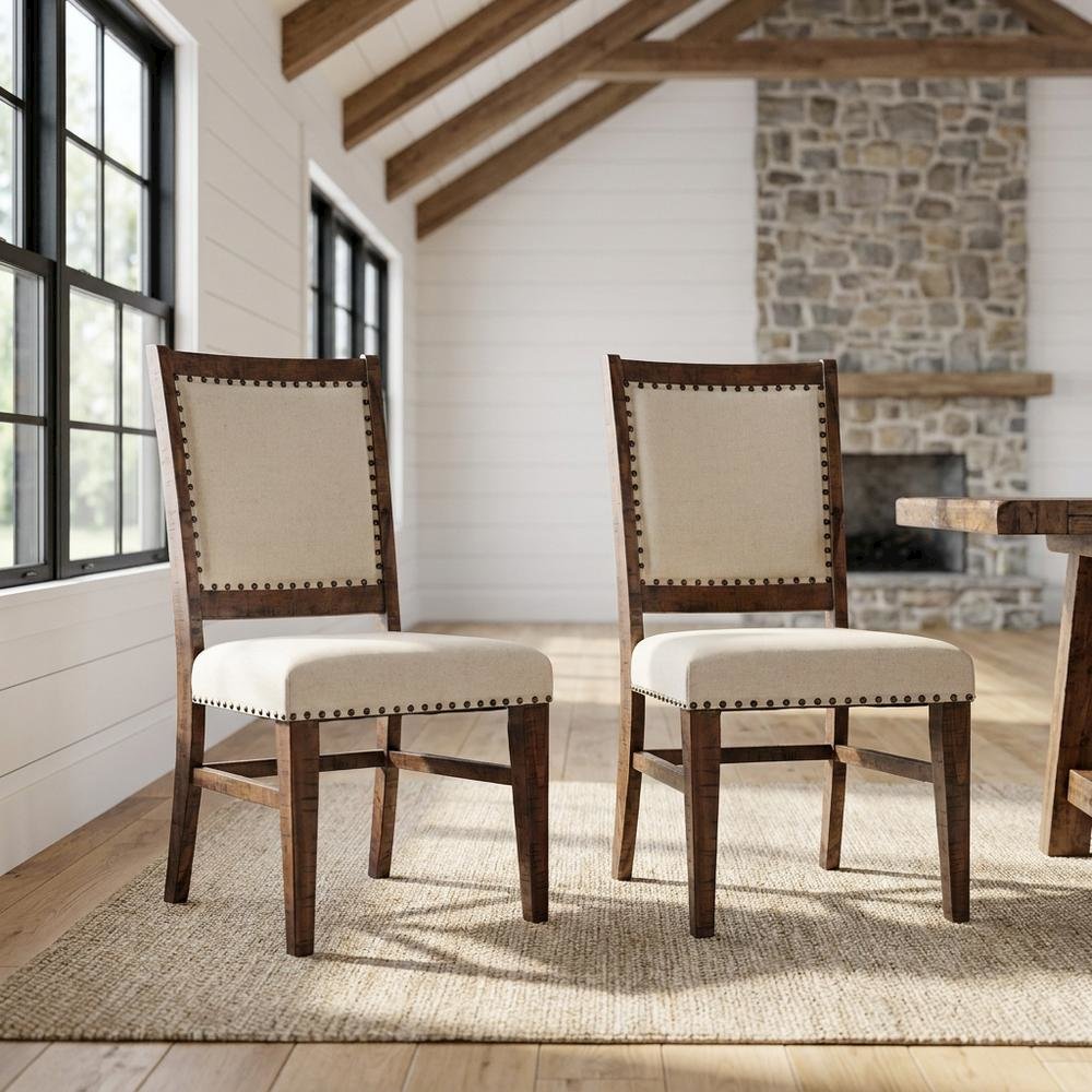 Acacia Veneer Cotton-Linen Upholstered Accent Chairs, Oak, Set of 2