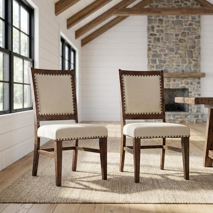 Acacia Veneer Cotton-Linen Upholstered Accent Chairs, Oak, Set of 2