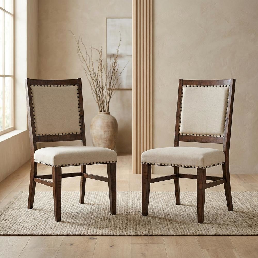 Acacia Veneer Cotton-Linen Upholstered Accent Chairs, Oak, Set of 2