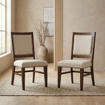 Acacia Veneer Cotton-Linen Upholstered Accent Chairs, Oak, Set of 2
