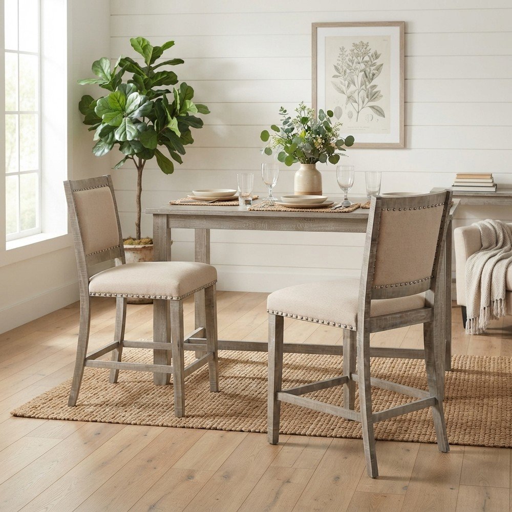 Acacia Veneer Cotton-Linen Upholstered Counter Stools Set of 2, Ash