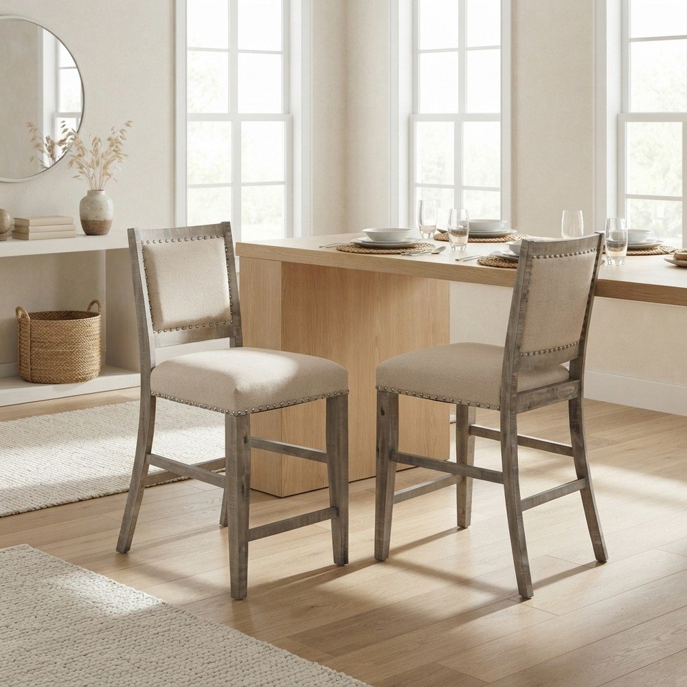 Acacia Veneer Cotton-Linen Upholstered Counter Stools Set of 2, Ash