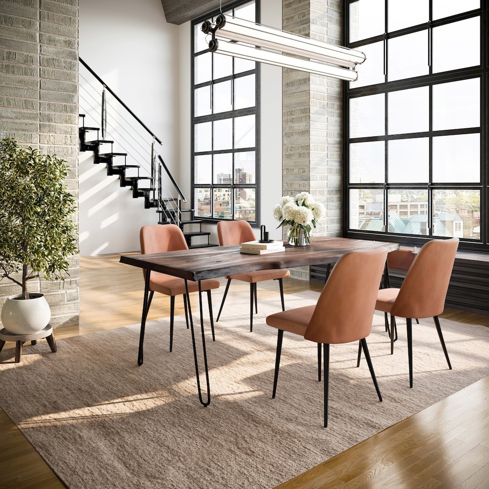 Five Piece Solid Acacia Dining Set with Upholstered Mid-Century Modern Chairs