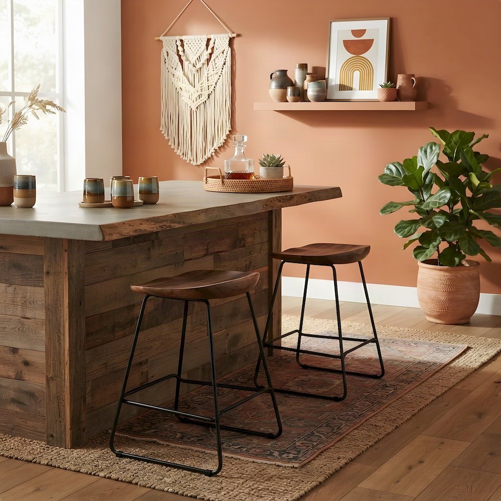 Solid Acacia Wood Backless Counter Height Bar Stools, Set of 2, Slate