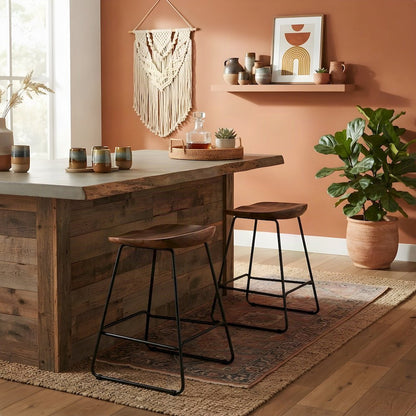 Solid Acacia Wood Backless Counter Height Bar Stools, Set of 2, Slate