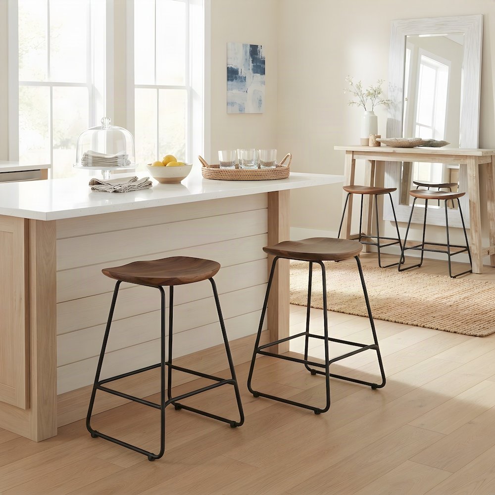 Solid Acacia Wood Backless Counter Height Bar Stools, Set of 2, Slate