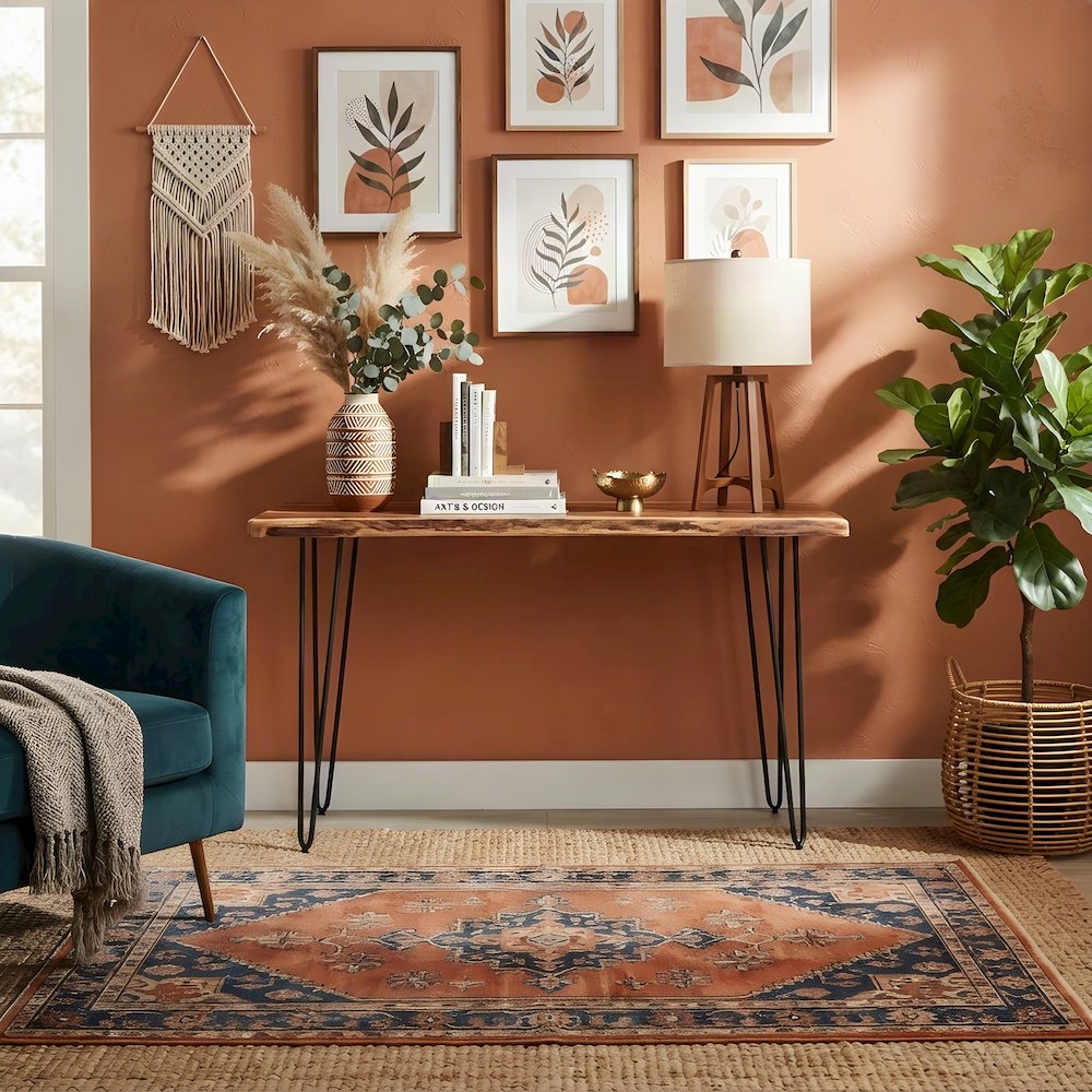 Solid Acacia Iron-Leg Sofa Table and Narrow Entryway Console, Natural