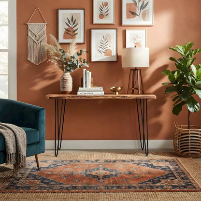 Solid Acacia Iron-Leg Sofa Table and Narrow Entryway Console, Natural