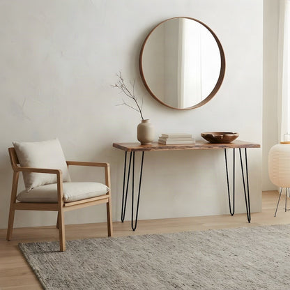 Solid Acacia Iron-Leg Sofa Table and Narrow Entryway Console, Natural