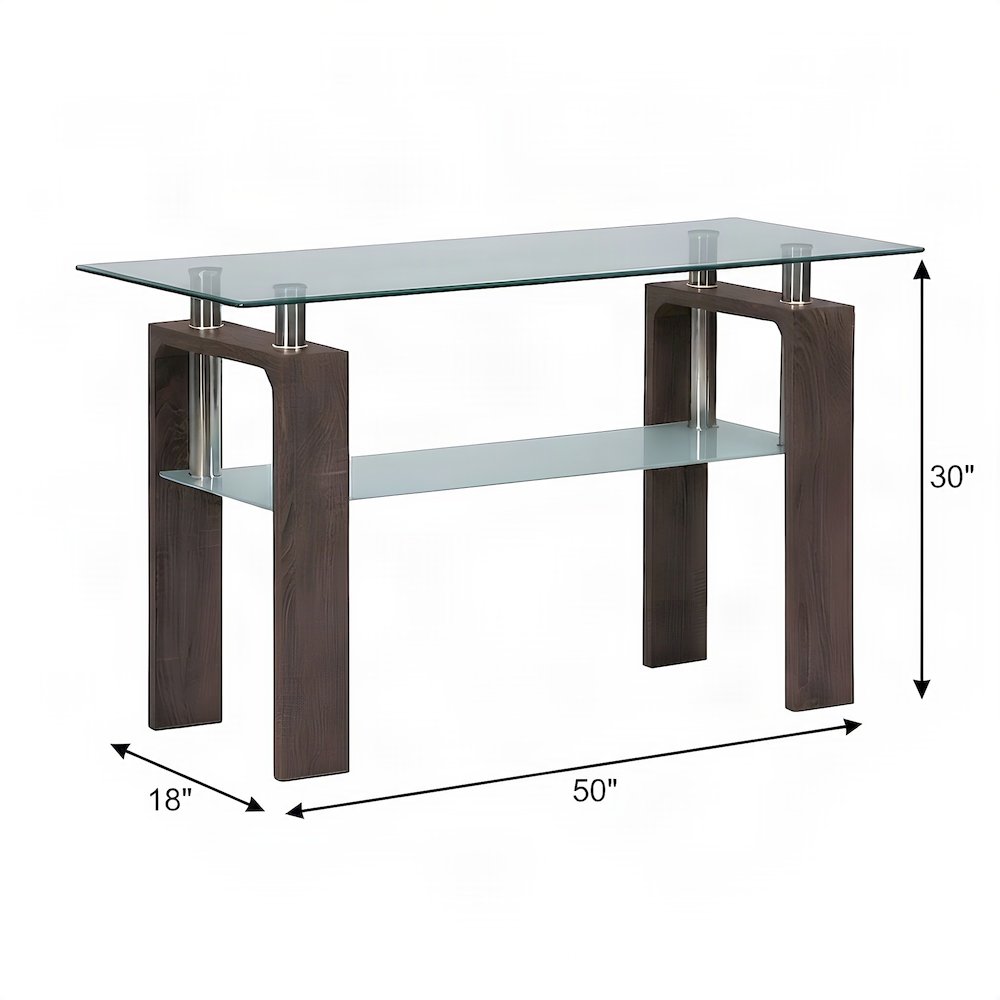 Modern Clear Glass and Iron Console Sofa Table with Distressed Wood, Brown