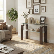 Modern Clear Glass and Iron Console Sofa Table with Distressed Wood, Brown