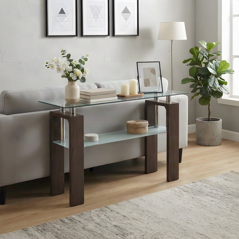 Modern Clear Glass and Iron Console Sofa Table with Distressed Wood, Brown