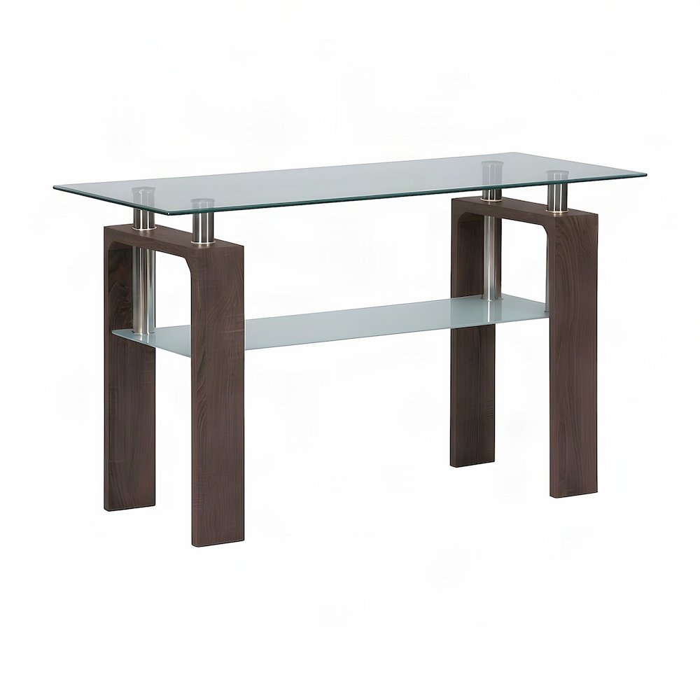 Modern Clear Glass and Iron Console Sofa Table with Distressed Wood, Brown