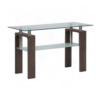 Modern Clear Glass and Iron Console Sofa Table with Distressed Wood, Brown
