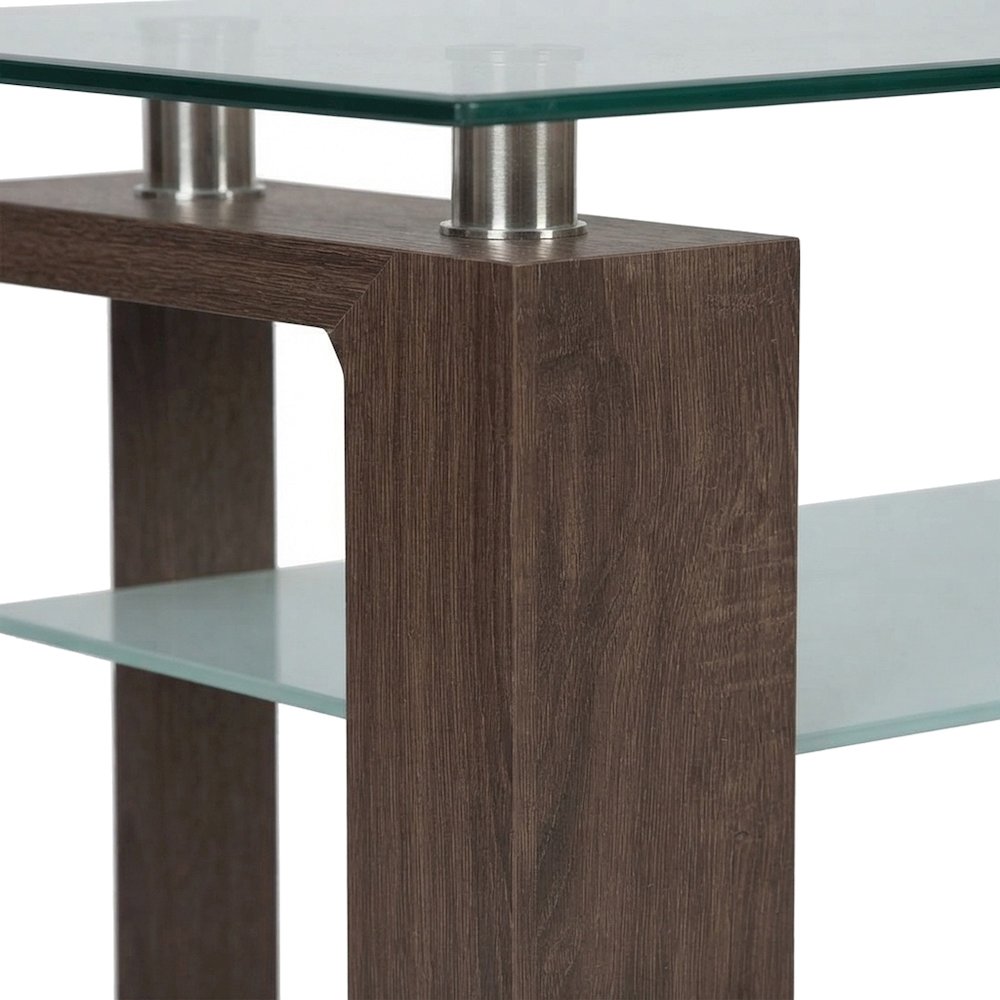 Modern Clear Glass and Iron Console Sofa Table with Distressed Wood, Brown
