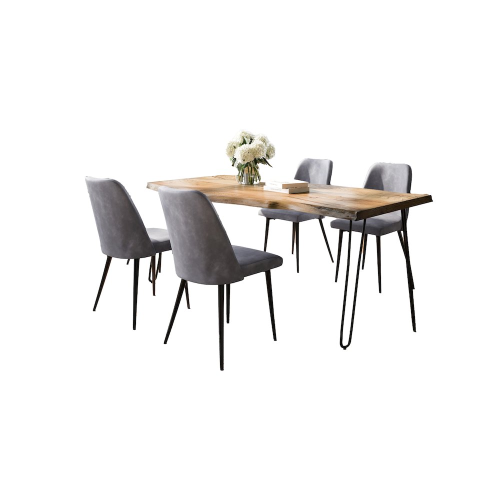 Five Piece Solid Acacia Dining Set with Upholstered Mid-Century Modern Chairs