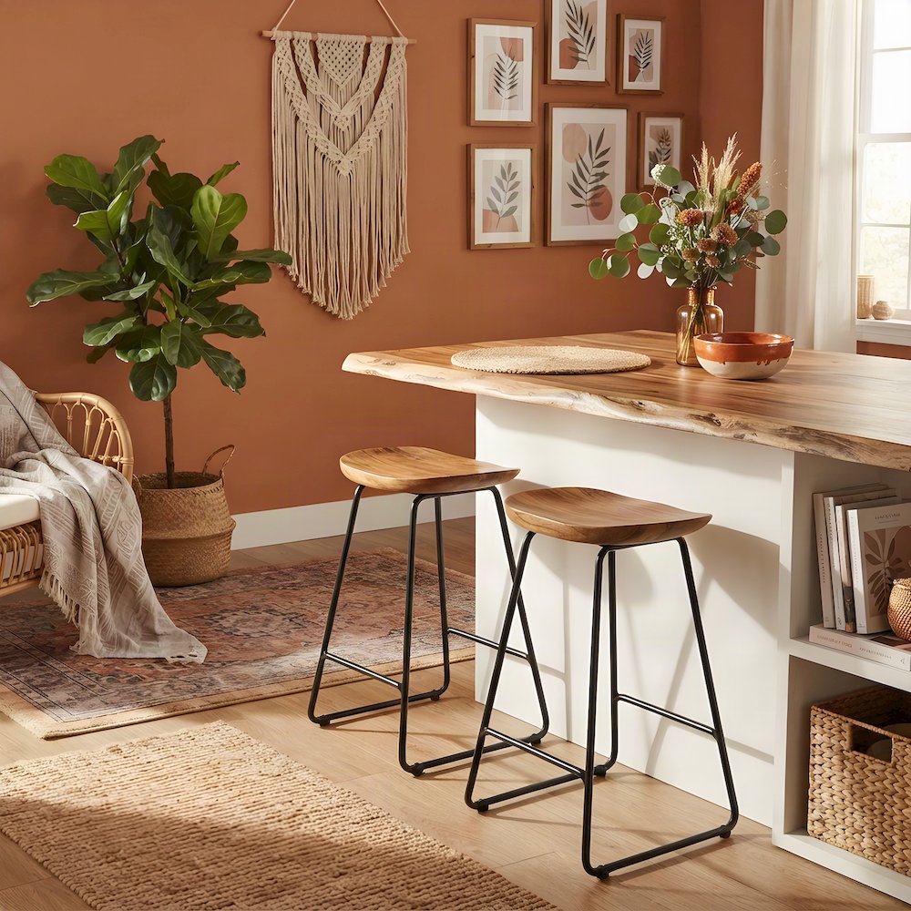 Solid Acacia Wood Backless Counter Height Bar Stools, Set of 2, Natural