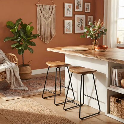 Solid Acacia Wood Backless Counter Height Bar Stools, Set of 2, Natural
