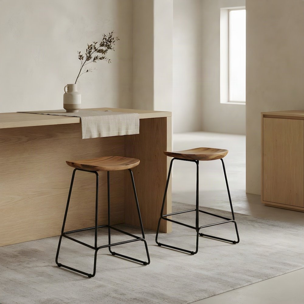 Solid Acacia Wood Backless Counter Height Bar Stools, Set of 2, Natural
