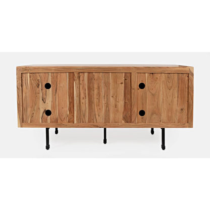 Brown Acacia Three-Door Accent Cabinet with Metal Base for Living Room Storage