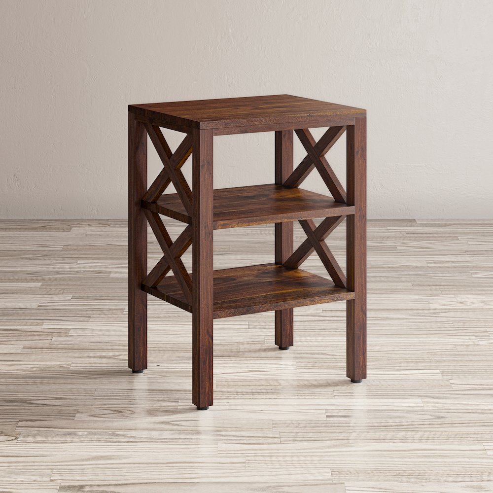 Global Archive Solid Wood Rustic Modern X-Side Accent Table with Two Shelves