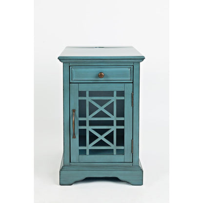 Blue Chairside End Table with USB Charging Ports, Acacia, Glass Construction