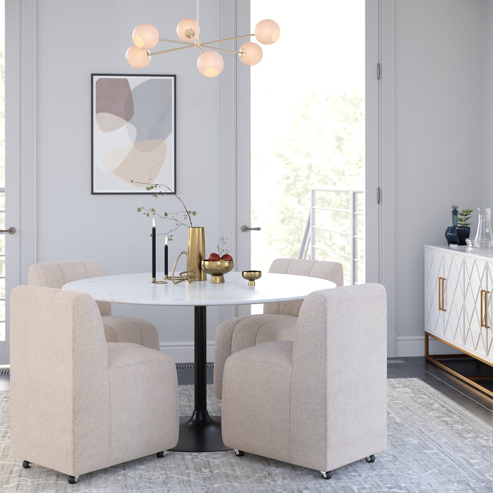 Contemporary Modern Ivory Boucle Upholstered Dining Chair with Wheels (Set of 2)