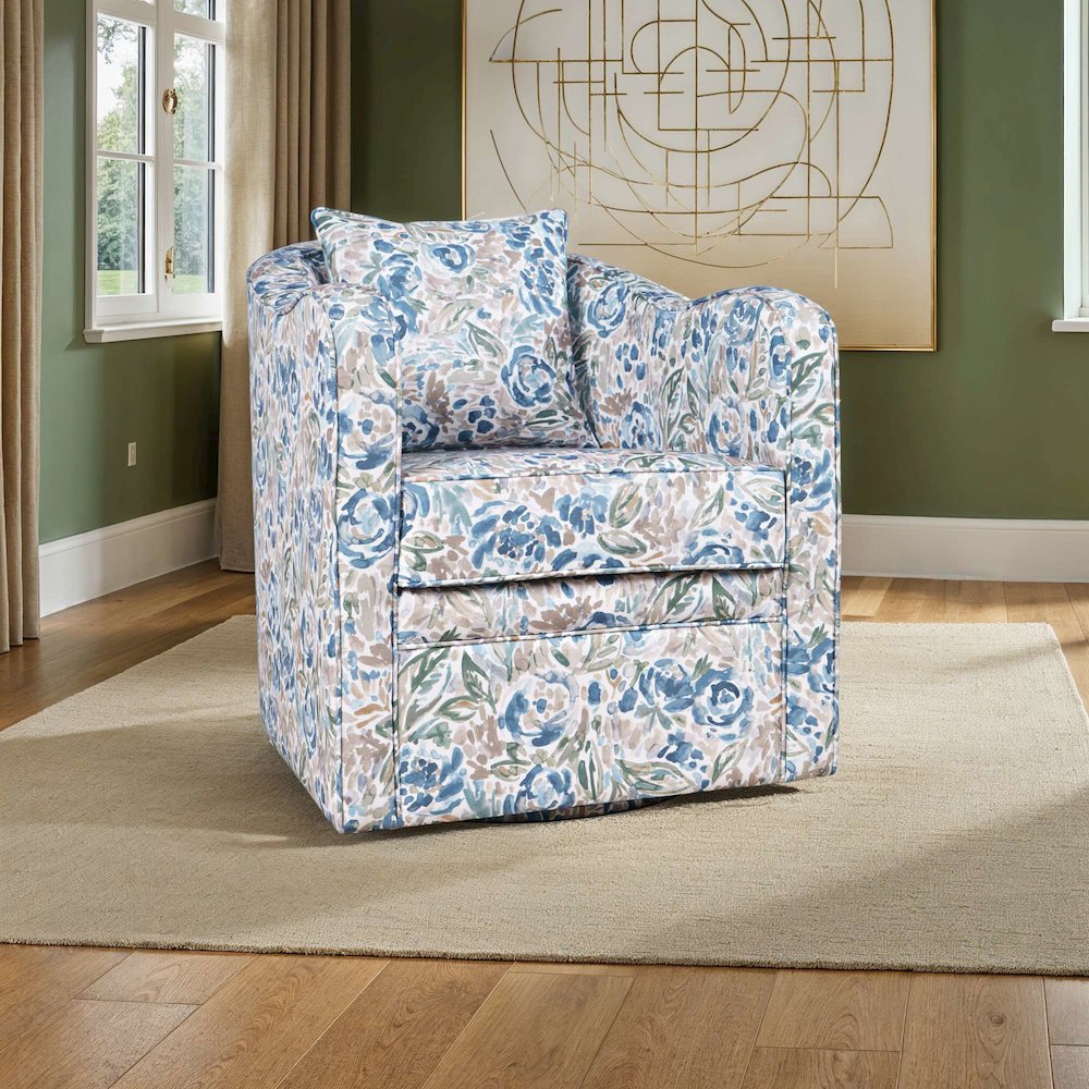 Daisy Bloom Floral Classic Traditional Swivel Accent Barrel Chair with Pillow