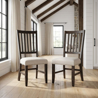Distressed Solid Wood Slatback Kitchen Dining Chairs, Distressed Dark Brown, Set of 2