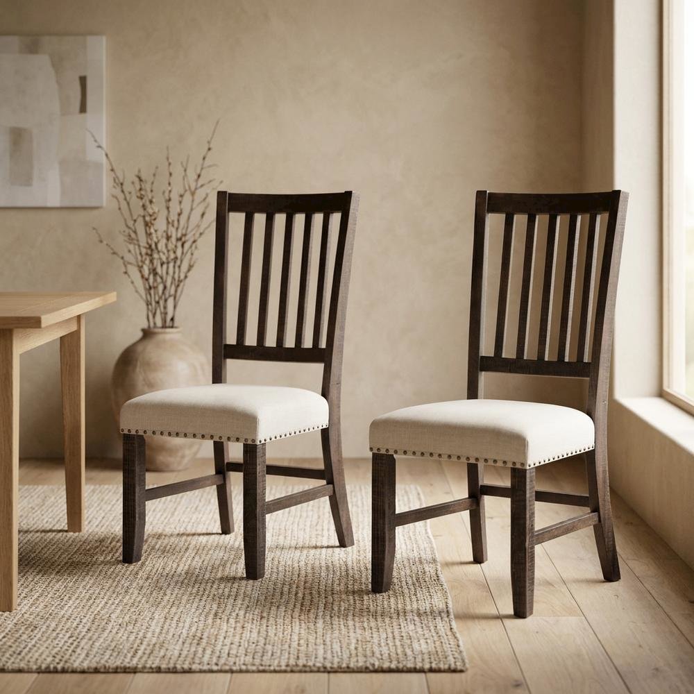 Distressed Solid Wood Slatback Kitchen Dining Chairs, Distressed Dark Brown, Set of 2