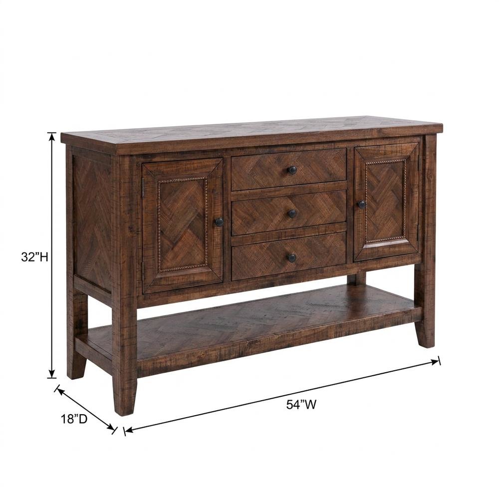 Acacia Veneer Buffet Server with Herringbone Distressed Finish, 3 Drawers, Oak