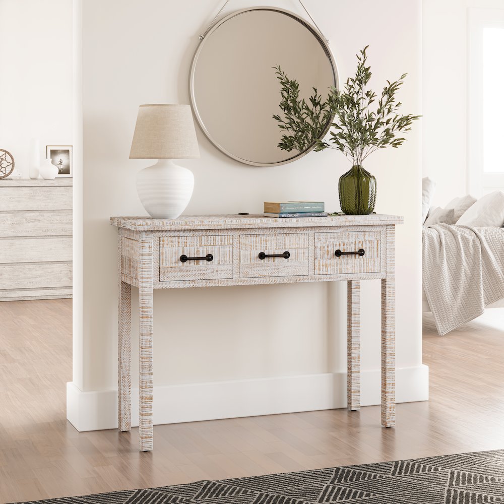 North Coast 42" Washed Finish Three Drawer USB Charging Sofa Table