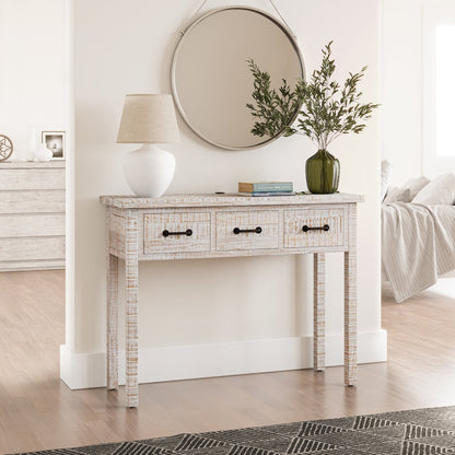 North Coast 42" Washed Finish Three Drawer USB Charging Sofa Table