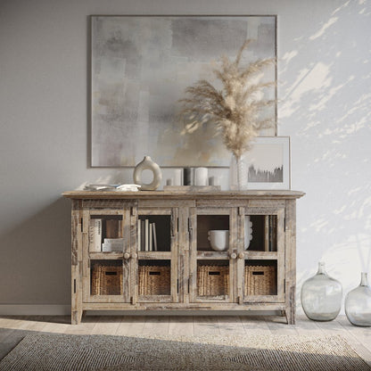 Rustic Shores 54" Coastal Distressed Acacia Four-Door Credenza Cabinet