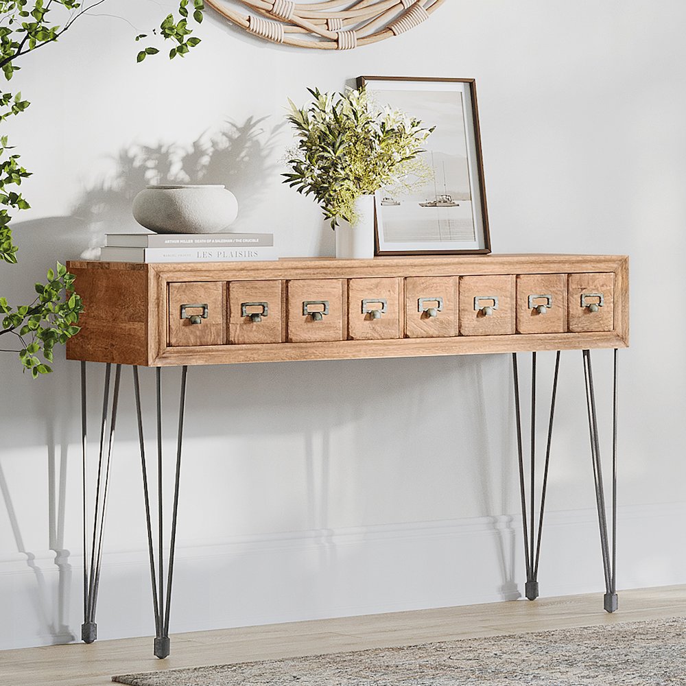 American Vintage Solid Wood Sofa Table with Apothecary Drawers