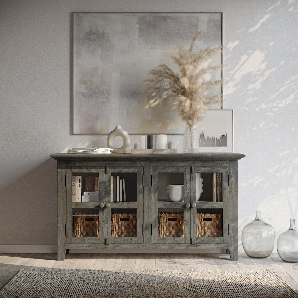 Rustic Shores 54" Coastal Distressed Acacia Four-Door Credenza Cabinet