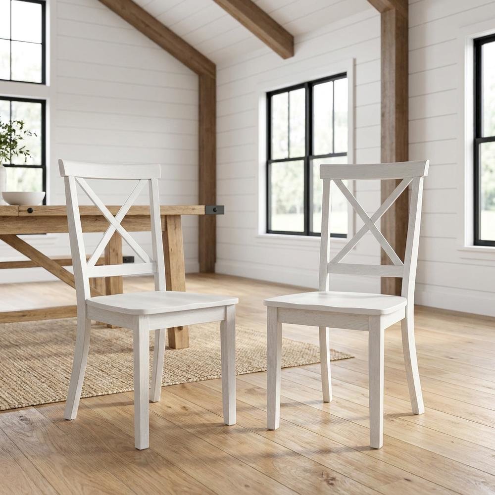 Acacia Veneer X-Back Dining Chairs, Wire-Brushed Coastal Wood, Brushed White