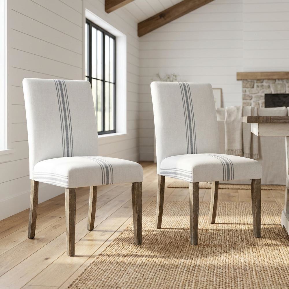 Acacia Veneer Parsons Dining Chairs, Coastal High-Back Style, Blue Stripe, Set