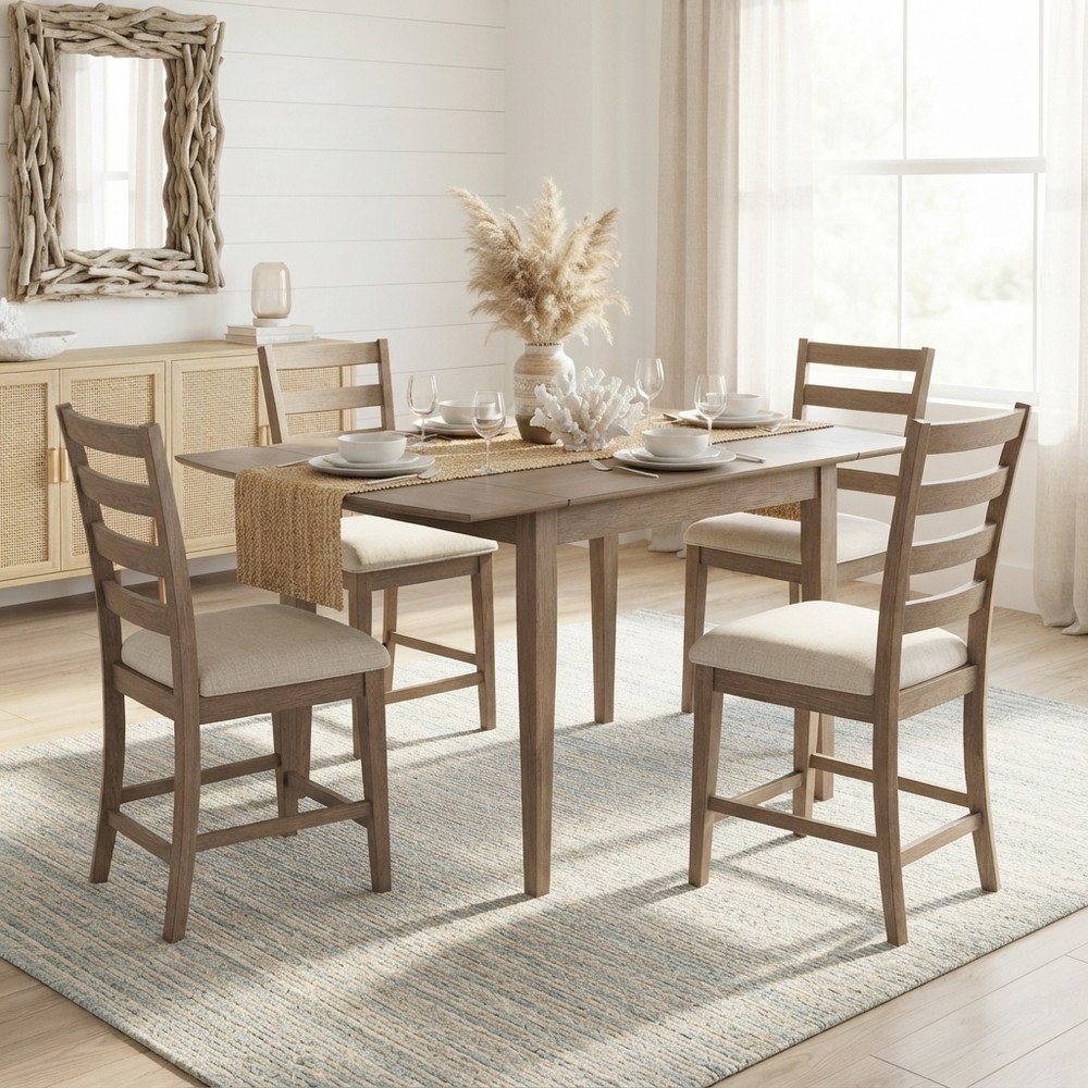 Acacia Veneer Drop-Leaf Counter Height Dining Table, Coastal, Brushed Bisque