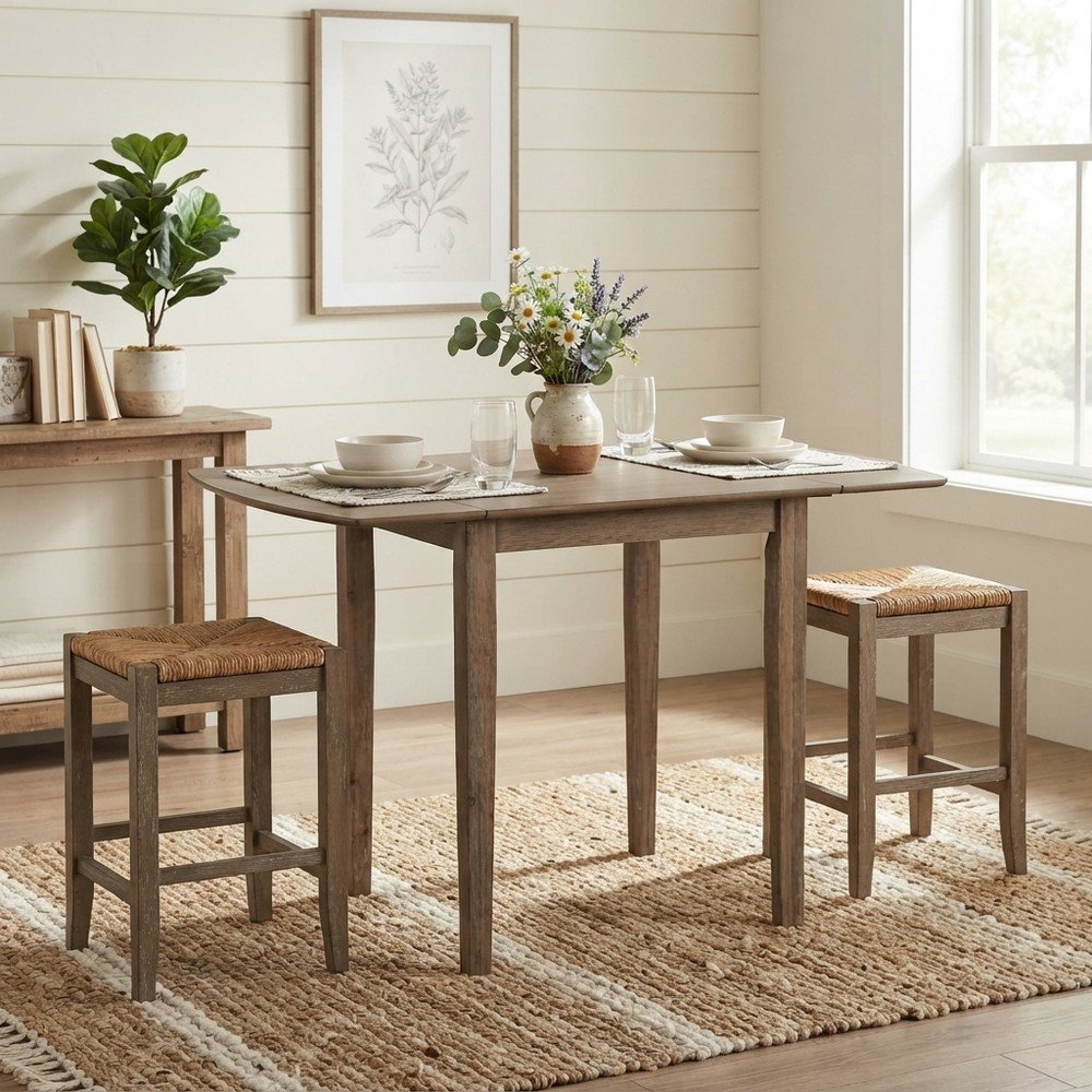 Acacia Veneer Drop-Leaf Counter Height Dining Table, Coastal, Brushed Bisque