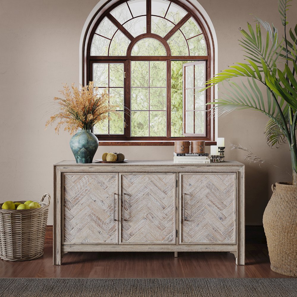 Gramercy Mid-Century Modern Chevron Three Door 60" Accent Cabinet