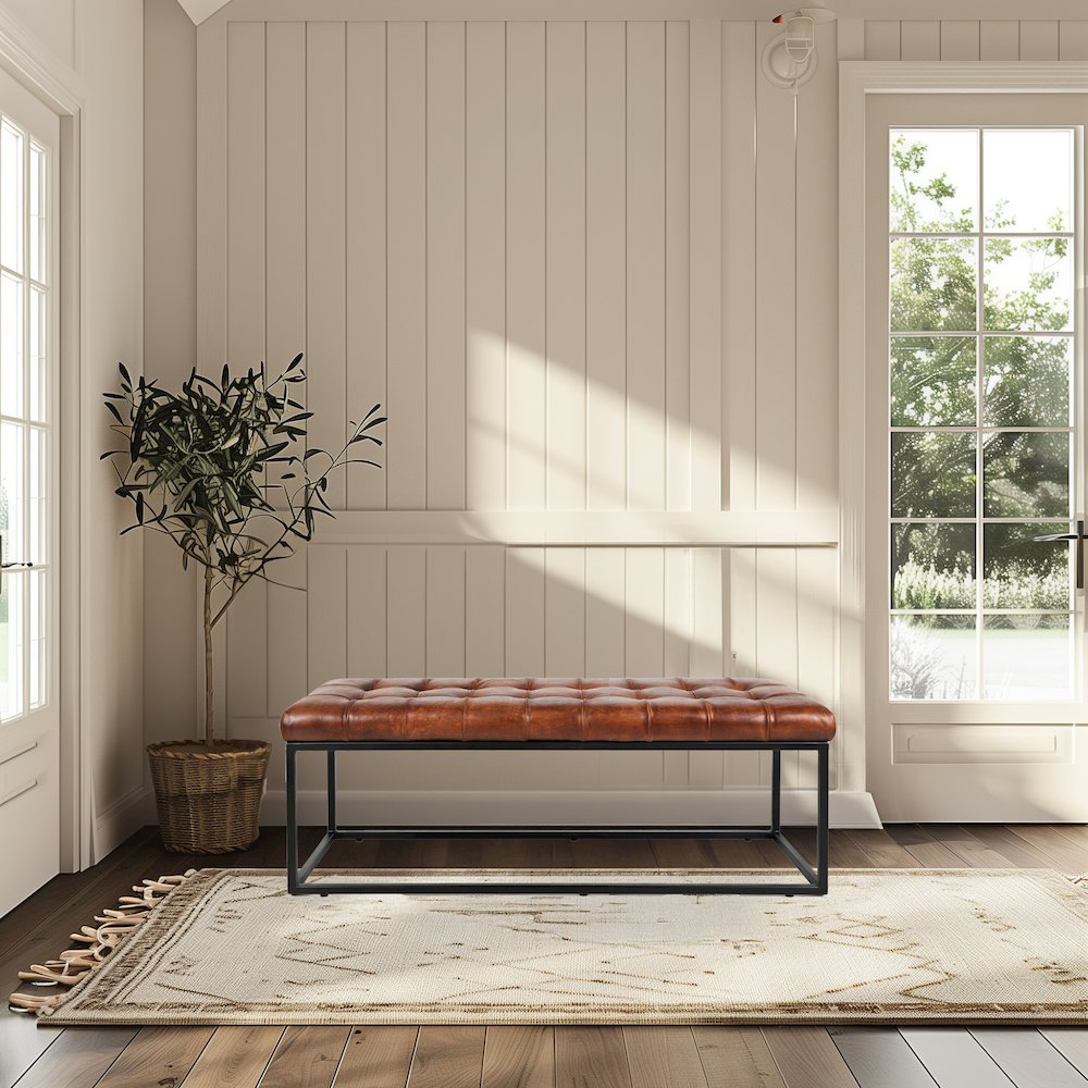 Global Archive 50" Genuine Distressed Leather Mid-Century Modern Ottoman Bench