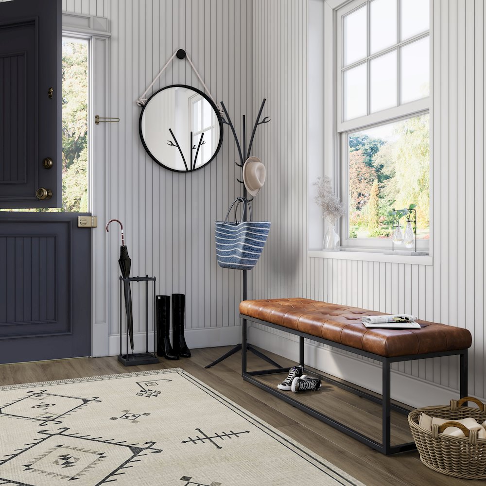 Global Archive 50" Genuine Distressed Leather Mid-Century Modern Ottoman Bench