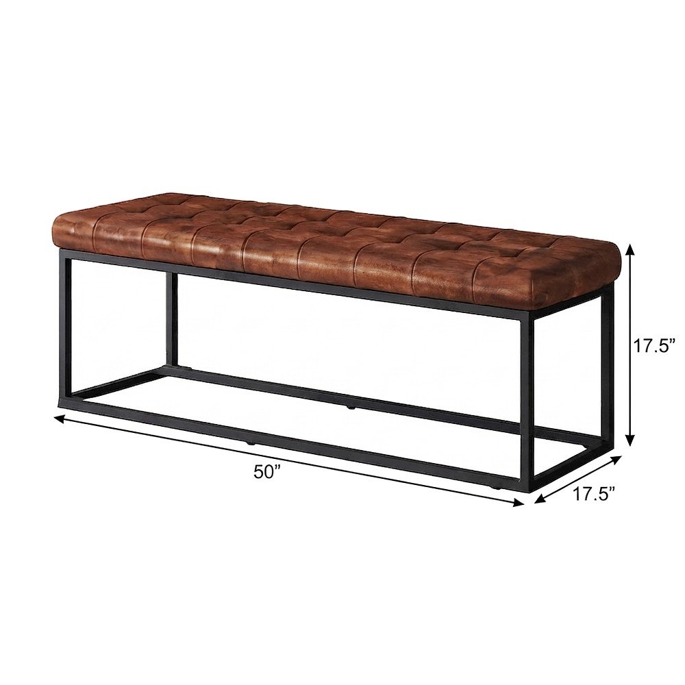 Genuine Leather Mid-Century Ottoman Bench with Iron Frame, Bedroom, Saddle brown