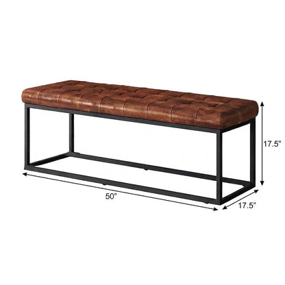 Genuine Leather Mid-Century Ottoman Bench with Iron Frame, Bedroom, Saddle brown