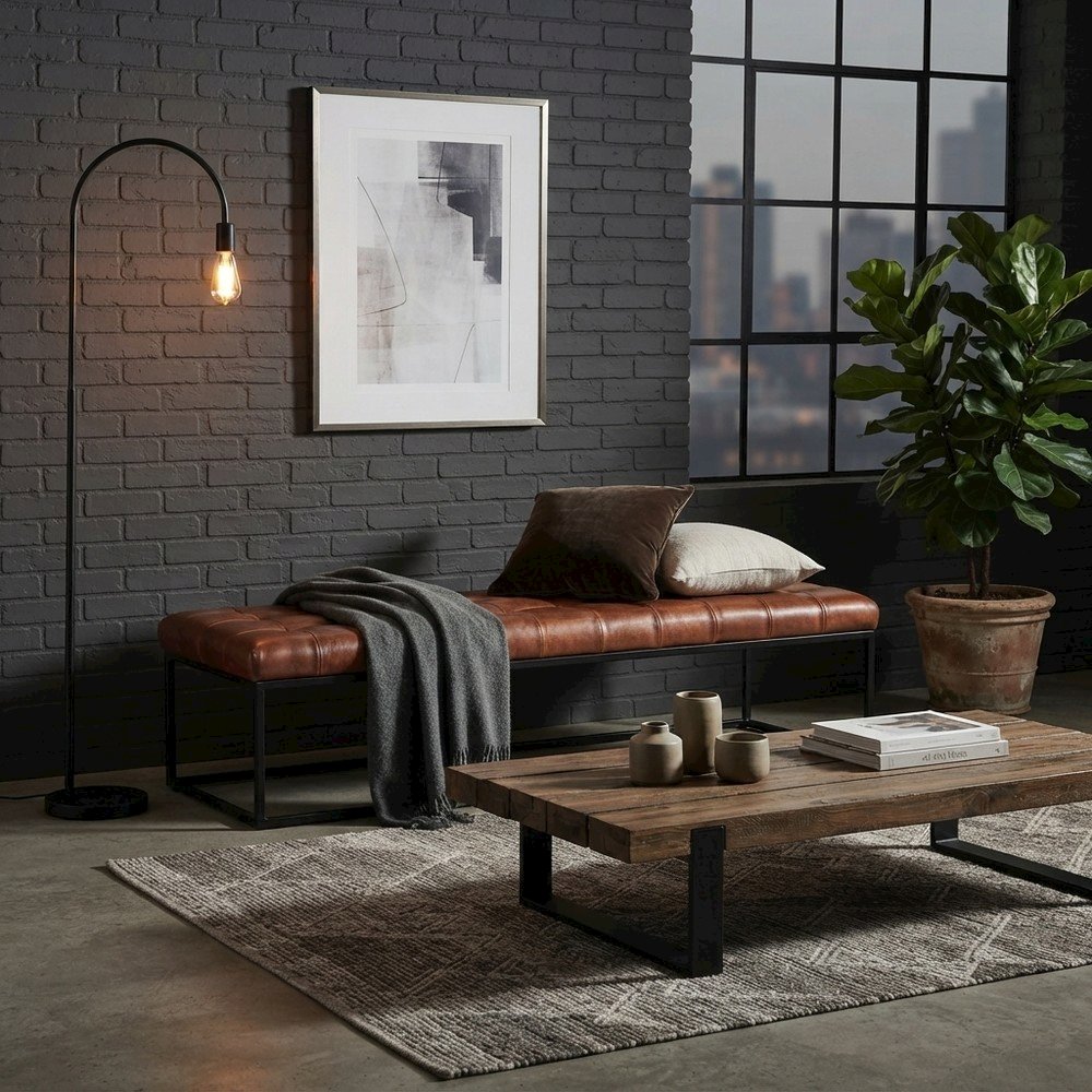 Genuine Leather Mid-Century Ottoman Bench with Iron Frame, Bedroom, Saddle brown